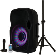 Load image into Gallery viewer, Acoustic Audio by Goldwood AA15LBS Powered 15" Bluetooth LED Light Display Speaker with Microphone and Stand, Black, 16" x 14" x 27"