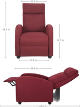 Load image into Gallery viewer, JUMMICO Fabric Recliner Chair Adjustable Home Theater Single Recliner Sofa Furniture with Thick Seat Cushion and Backrest Modern Living Room Recliners (Red)