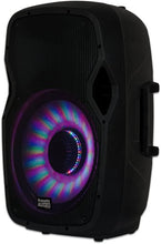 Load image into Gallery viewer, Acoustic Audio by Goldwood AA15LBS Powered 15" Bluetooth LED Light Display Speaker with Microphone and Stand, Black, 16" x 14" x 27"