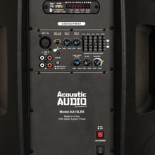 Load image into Gallery viewer, Acoustic Audio by Goldwood AA15LBS Powered 15" Bluetooth LED Light Display Speaker with Microphone and Stand, Black, 16" x 14" x 27"