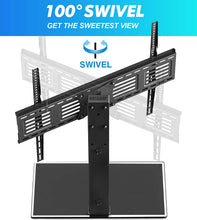 Load image into Gallery viewer, FITUEYES Universal TV Stand/Base Swivel Tabletop TV Stand with Mount for 50 to 80 inch Flat Screen TV 100 Degree Swivel, 4 Level Height Adjustable,Tempered Glass Base,Holds up to 143 lbs Screens