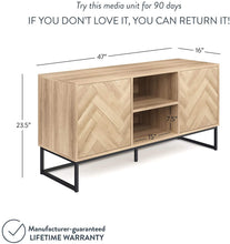 Load image into Gallery viewer, Nathan James Dylan Media Console Cabinet or TV Stand with Doors for Hidden Storage in a Natural Reclaimed Herringbone Wood Pattern and Metal, Oak\/Matte Black