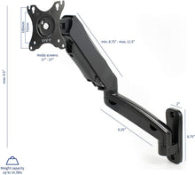 Load image into Gallery viewer, VIVO Black Height Adjustable Pneumatic Extended Arm Single Monitor Wall Mount, Full Motion Articulating | fits 17 to 27 inch Screen (MOUNT-V001G)