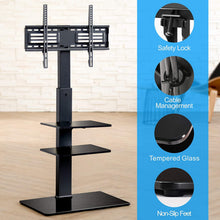 Load image into Gallery viewer, FITUEYES Universal Swivel Floor TV Stand with Mount Height Adjustable for Most TVs up to 65 Inch, Sturdy Tempered Glass Base and Component Shelves for Media Storage TT307001MB