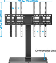 Load image into Gallery viewer, FITUEYES Universal TV Stand/Base Swivel Tabletop TV Stand with Mount for 50 to 80 inch Flat Screen TV 100 Degree Swivel, 4 Level Height Adjustable,Tempered Glass Base,Holds up to 143 lbs Screens