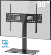 Load image into Gallery viewer, FITUEYES Universal TV Stand/Base Swivel Tabletop TV Stand with Mount for 50 to 80 inch Flat Screen TV 100 Degree Swivel, 4 Level Height Adjustable,Tempered Glass Base,Holds up to 143 lbs Screens
