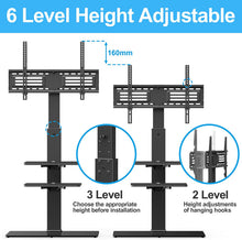 Load image into Gallery viewer, FITUEYES Universal Swivel Floor TV Stand with Mount Height Adjustable for Most TVs up to 65 Inch, Sturdy Tempered Glass Base and Component Shelves for Media Storage TT307001MB
