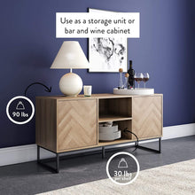 Load image into Gallery viewer, Nathan James Dylan Media Console Cabinet or TV Stand with Doors for Hidden Storage in a Natural Reclaimed Herringbone Wood Pattern and Metal, Oak\/Matte Black