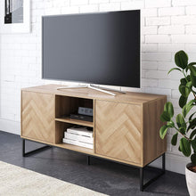 Load image into Gallery viewer, Nathan James Dylan Media Console Cabinet or TV Stand with Doors for Hidden Storage in a Natural Reclaimed Herringbone Wood Pattern and Metal, Oak\/Matte Black