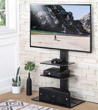 Load image into Gallery viewer, FITUEYES Universal Swivel Floor TV Stand with Mount Height Adjustable for Most TVs up to 65 Inch, Sturdy Tempered Glass Base and Component Shelves for Media Storage TT307001MB
