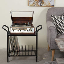 Load image into Gallery viewer, 2-Tier Modern Matte Black Lattice Style Metal Turntable and Vinyl Record Storage Organizer Table Stand