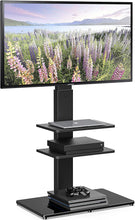 Load image into Gallery viewer, FITUEYES Universal Swivel Floor TV Stand with Mount Height Adjustable for Most TVs up to 65 Inch, Sturdy Tempered Glass Base and Component Shelves for Media Storage TT307001MB