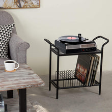 Load image into Gallery viewer, 2-Tier Modern Matte Black Lattice Style Metal Turntable and Vinyl Record Storage Organizer Table Stand