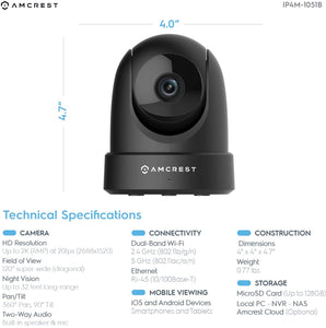 Amcrest 4MP UltraHD Indoor WiFi Camera, Security IP Camera with Pan\/Tilt, Two-Way Audio, Night Vision, Remote Viewing, Dual-Band 5ghz\/2.4ghz, 4-Megapixel @~20FPS, Wide 120° FOV, IP4M-1051B (Black)