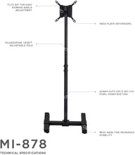 Load image into Gallery viewer, MOUNT-IT! TV Floor Stand for Flat, Curved, LCD, LED, and Plasma Screens [Fits 13 to 42] Tall Adjustable Height, Steel PC Monitor Mount, VESA Compatible 100 and 200, Indoor and Outdoor (Black)
