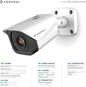 Amcrest UltraHD 4K (8MP) Outdoor Bullet POE IP Camera, 3840x2160, 131ft NightVision, 2.8mm Lens, IP67 Weatherproof, MicroSD Recording, White (IP8M-2496EW-28MM)