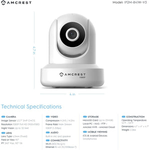 Amcrest 1080P WiFi Security Camera 2MP Indoor Pan\/Tilt Wireless IP Camera, IP2M-841W (White)