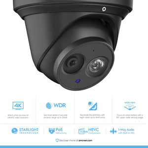 Amcrest UltraHD 4K POE Camera, 8MP Outdoor Security Turret PoE IP Camera, 3840x2160, 164ft NightVision, 2.8mm Lens, IP67 Weatherproof, MicroSD Recording (128GB), Black (IP8M-T2499EB-28MM)