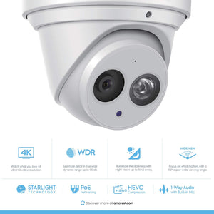 Amcrest UltraHD 4K (8MP) Outdoor Security IP Turret PoE Camera, 3840x2160, 164ft NightVision, 2.8mm Lens, IP67 Weatherproof, MicroSD Recording (128GB), White (IP8M-T2499EW)