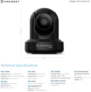 Amcrest ProHD 1080P WiFi Camera 2MP (1920TVL) Indoor Pan\/Tilt Security Wireless IP Camera IP2M-841B (Black)