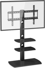 Load image into Gallery viewer, FITUEYES Universal Floor TV Stand with Swivel Mount Tempered Glass Base &amp; Shelves for 32 to 65 inch LCD, LED OLED TVs TT306501GB, Black
