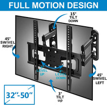 Load image into Gallery viewer, Corner TV Wall Mount FOZIMOA Full Motion TV Mount Bracket for Most 32-50 inch Flat TVs with Dual Articulating Arm Tilt Swivel up to 77 lbs Max VESA 400x400mm HDMI Cable Ties Level Included

