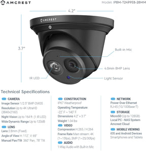 Amcrest UltraHD 4K POE Camera, 8MP Outdoor Security Turret PoE IP Camera, 3840x2160, 164ft NightVision, 2.8mm Lens, IP67 Weatherproof, MicroSD Recording (128GB), Black (IP8M-T2499EB-28MM)