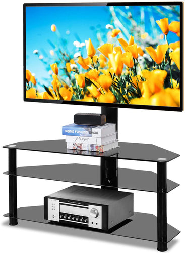 5Rcom Swivel Corner Floor TV Stand with Mount Bracket for 37 42 47 50 55 60 65 70 inch Plasma LCD LED Flat or Curved Screens TVs 3 Tier Tempered Glass Shelves for Media,Weight Capacity 110lbs