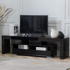 Bonzy Home Glossy TV Stand, TV Console with LED Light Wood Media Storage Console Cabinet for 65" TV - Flat Screen TV Stand, Gaming Consoles - in Lounge Room, Living Room and Bedroom(Black)