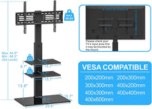 Load image into Gallery viewer, FITUEYES Universal Swivel Floor TV Stand with Mount Height Adjustable for Most TVs up to 65 Inch, Sturdy Tempered Glass Base and Component Shelves for Media Storage TT307001MB
