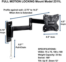 Load image into Gallery viewer, Master Mounts 2311L Locking RV TV Mount Lockable Full Motion TV Wall Mount Easy to Reach Chain Release Perfect for RVs Campers Trucks Mobile Homes, Articulates Swivels Tilts, Fits up to 42" 100x100
