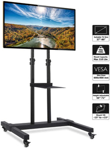 Rfiver Mobile TV Stand Rolling TV Cart with Tilt Mount and Locking Wheels for Most 37"-80" LCD LED Flat Screen Curved TVs, Black Display Trolley Floor Stand Height Adjustable Max Load 110 Lbs