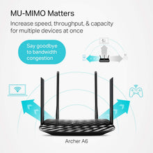 Load image into Gallery viewer, TP-Link AC1200 Gigabit Smart WiFi Router - 5GHz Gigabit Dual Band MU-MIMO Wireless Internet Router, Supports Beamforming, Guest WiFi and AP mode, Long Range Coverage by 4 Antennas(Archer A6), Black
