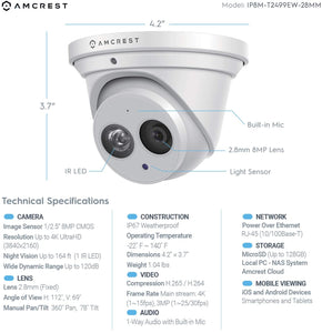 Amcrest UltraHD 4K (8MP) Outdoor Security IP Turret PoE Camera, 3840x2160, 164ft NightVision, 2.8mm Lens, IP67 Weatherproof, MicroSD Recording (128GB), White (IP8M-T2499EW)