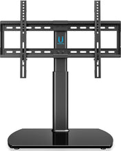Load image into Gallery viewer, FITUEYES Universal TV Stand/Base Tabletop TV Stand with Wall Mount for 32 to 65 inch Flat Screen 3 Level Height Adjustable, Heavy Duty Tempered Glass Base, Holds up to 110lbs Screens TT107001GB
