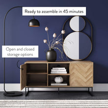 Load image into Gallery viewer, Nathan James Dylan Media Console Cabinet or TV Stand with Doors for Hidden Storage in a Natural Reclaimed Herringbone Wood Pattern and Metal, Oak\/Matte Black
