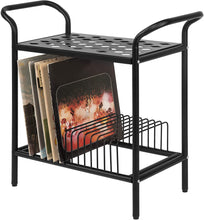 Load image into Gallery viewer, 2-Tier Modern Matte Black Lattice Style Metal Turntable and Vinyl Record Storage Organizer Table Stand

