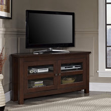 Load image into Gallery viewer, WE Furniture Modern Farmhouse Wood Corner Universal Stand for TV's up to 50" Flat Screen Living Room Storage Entertainment Center, Traditional Brown
