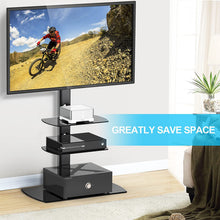 Load image into Gallery viewer, FITUEYES Universal Floor TV Stand with Swivel Mount Tempered Glass Base &amp; Shelves for 32 to 65 inch LCD, LED OLED TVs TT306501GB, Black
