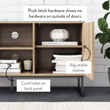 Load image into Gallery viewer, Nathan James Dylan Media Console Cabinet or TV Stand with Doors for Hidden Storage in a Natural Reclaimed Herringbone Wood Pattern and Metal, Oak\/Matte Black

