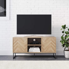 Load image into Gallery viewer, Nathan James Dylan Media Console Cabinet or TV Stand with Doors for Hidden Storage in a Natural Reclaimed Herringbone Wood Pattern and Metal, Oak\/Matte Black
