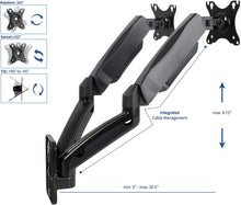 Load image into Gallery viewer, VIVO Black Height Adjustable Pneumatic Extended Arm Dual Monitor Wall Mount Full Motion Articulating | fits 2 Screens 17 to 27 inches (MOUNT-V002G)
