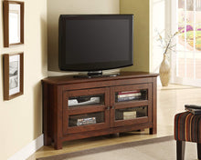 Load image into Gallery viewer, WE Furniture Modern Farmhouse Wood Corner Universal Stand for TV's up to 50" Flat Screen Living Room Storage Entertainment Center, Traditional Brown
