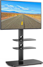 Load image into Gallery viewer, FITUEYES Universal Floor TV Stand with Swivel Mount Tempered Glass Base &amp; Shelves for 32 to 65 inch LCD, LED OLED TVs TT306501GB, Black
