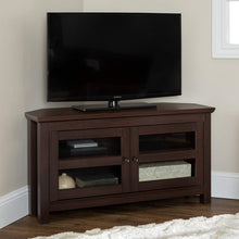 Load image into Gallery viewer, WE Furniture Modern Farmhouse Wood Corner Universal Stand for TV's up to 50" Flat Screen Living Room Storage Entertainment Center, Traditional Brown
