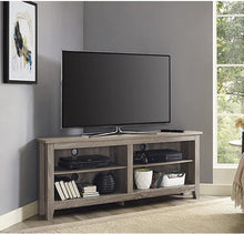Load image into Gallery viewer, Walker Edison Furniture Company Simple Farmhouse Wood Corner Stand for TV's up to 65" Living Room Storage Shelves Entertainment Center, 58", Driftwood
