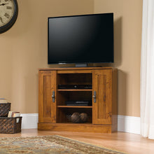 Load image into Gallery viewer, Sauder Harvest Mill Corner Entertainment Stand, For TV's up to 37", Abbey Oak finish
