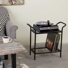 Load image into Gallery viewer, 2-Tier Modern Matte Black Lattice Style Metal Turntable and Vinyl Record Storage Organizer Table Stand
