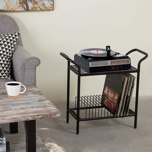 2-Tier Modern Matte Black Lattice Style Metal Turntable and Vinyl Record Storage Organizer Table Stand