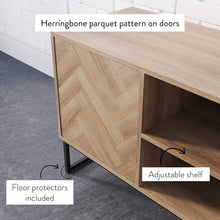Load image into Gallery viewer, Nathan James Dylan Media Console Cabinet or TV Stand with Doors for Hidden Storage in a Natural Reclaimed Herringbone Wood Pattern and Metal, Oak\/Matte Black
